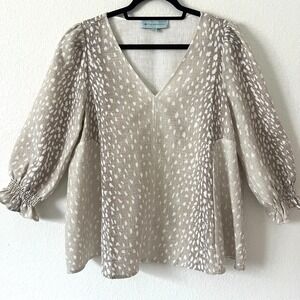 Tuckernuck Sz XL Antelope Faye Blouse Fawn Deer Print Cotton Linen Blend Top